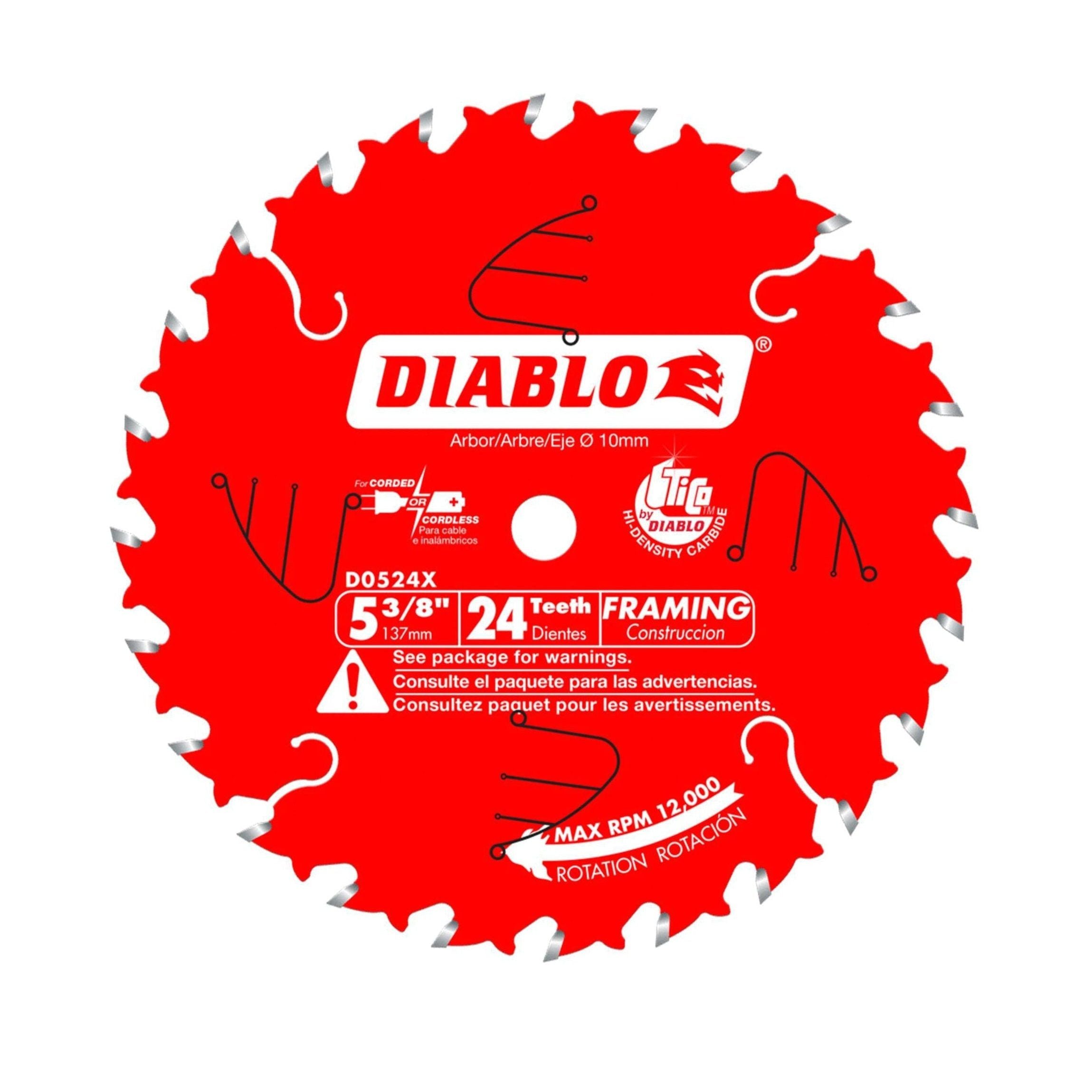The Diablo D0524X circular saw blade, 5-3/8 inches in diameter with 24 teeth, is designed for wood framing. It features a Thin Kerf Design and has technical specifications and safety warnings printed on its distinctive red surface.